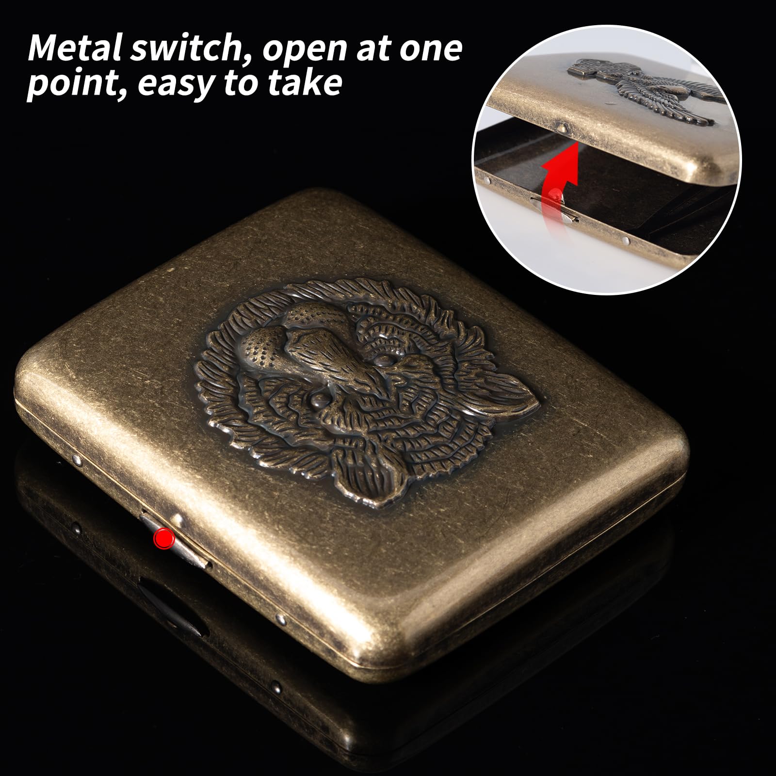 Vintage Metal case, Metal Plated Copper,18-20 Capacity, Surface Relief Tiger,Gift Box Packaging(Bronze, 85mm King Size)