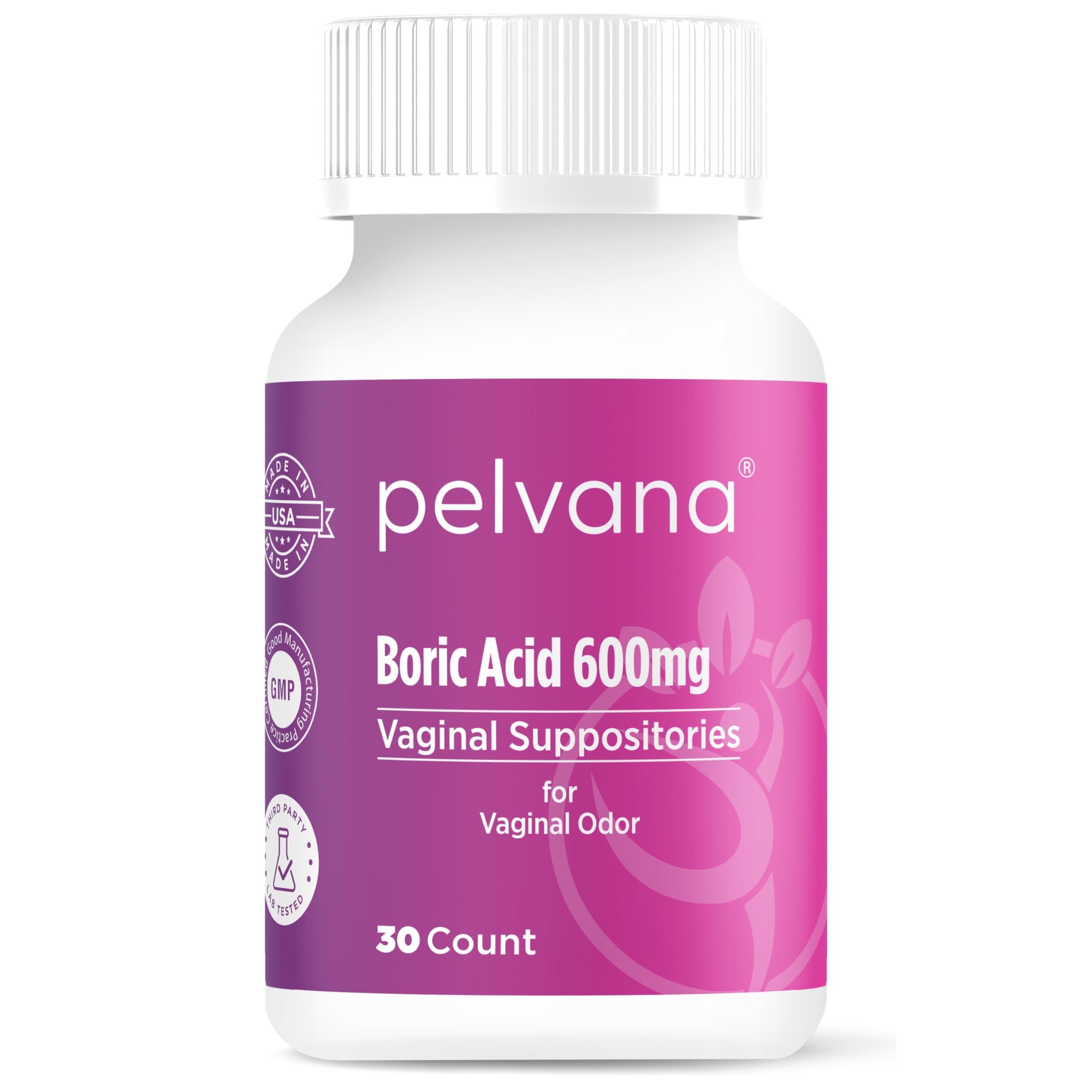 Pelvana Boric Acid Suppositories for Women 30 Count for Vaginal Odor - Third-Party Lab Tested & Made in The USA