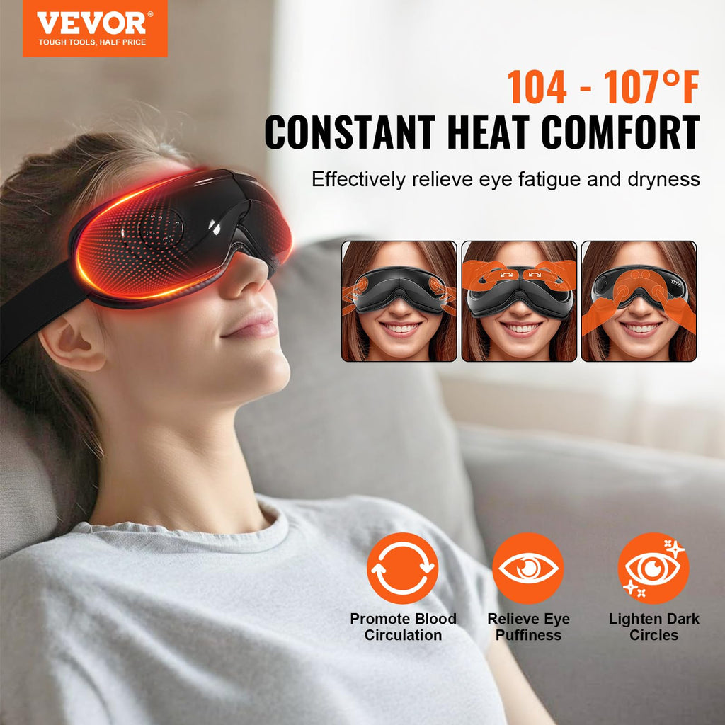 VEVOR Eye Massager with Heat, Heated Eye Massage Mask with 5 Modes and Bluetooth Music, 180 Foldable Eye Care Massager for Eye S