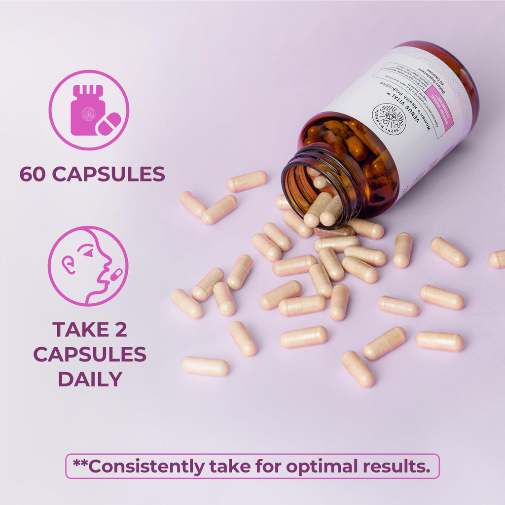 Happy Mammoth Venus Vital 3-in-1 Womens Health Probiotic Formula Supports Vaginal, Urinary & Gut Health. Fast & Long-Lasting Rel