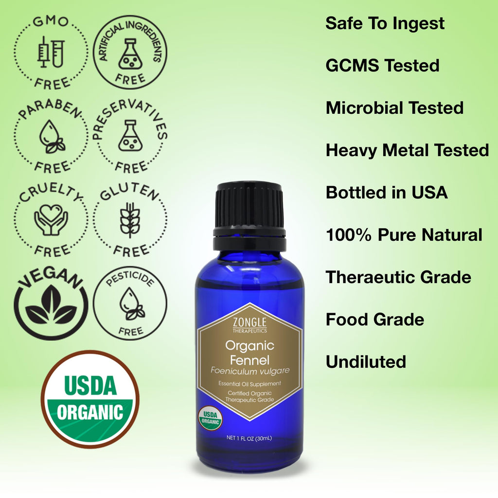Organic, Fennel Essential Oil, Food Grade - 100% Pure, Fennel Oil, by Zongle Therapeutics, 1 OZ