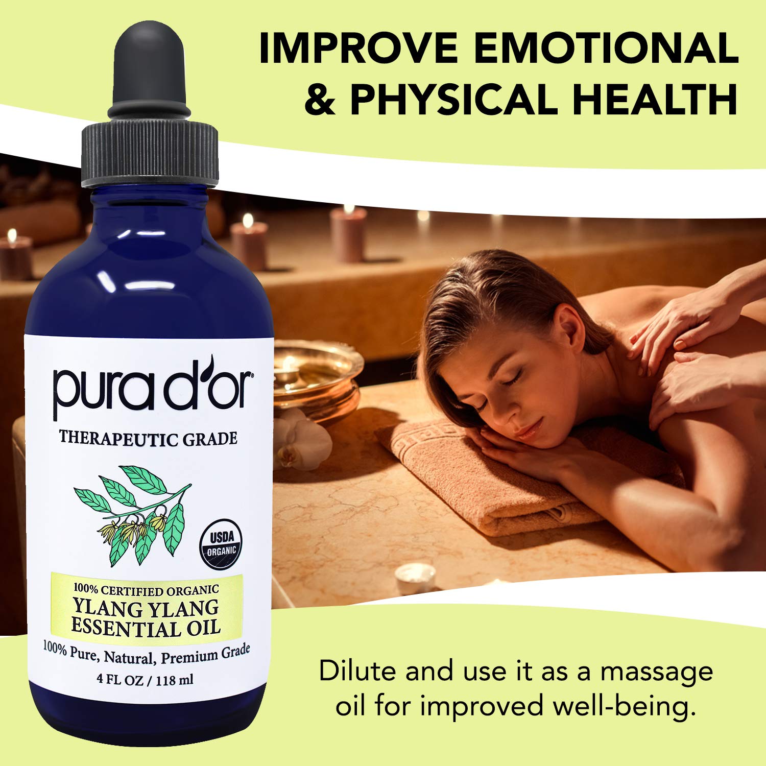 PURA DOR Organic Ylang Ylang Essential Oil (4oz with Glass Dropper) 100% Pure & Natural Therapeutic Grade for Hair, Body, Skin,