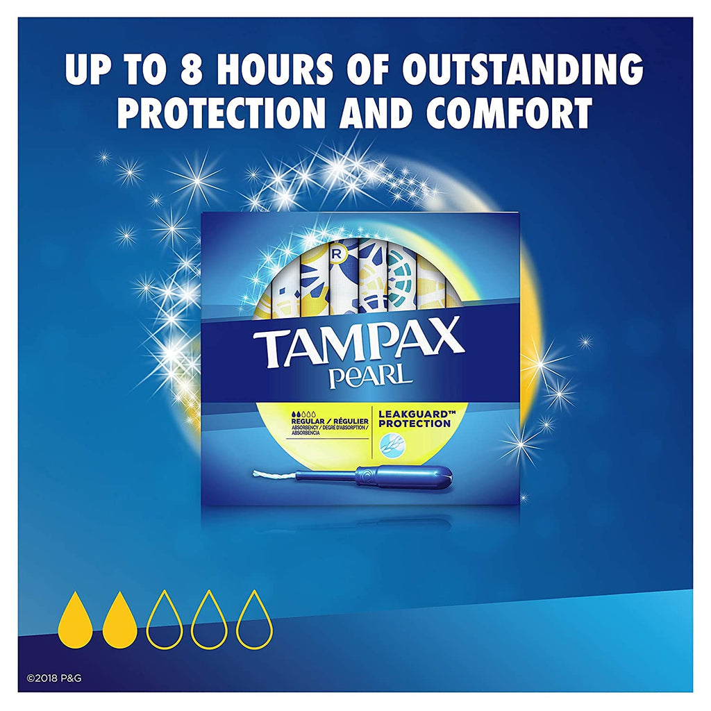 Tampax Pearl Plastic, Antigravity LeakGuard Braid, Regular Absorbency Unscented Tampons, 96 Count