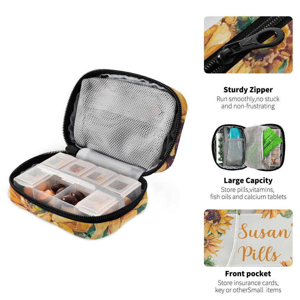 Custom Pill Box 7 Day Pill Case Bag Sunflower Personalized Name Travel Pill Organizer Bag with Zipper Portable Weekly Case Compa