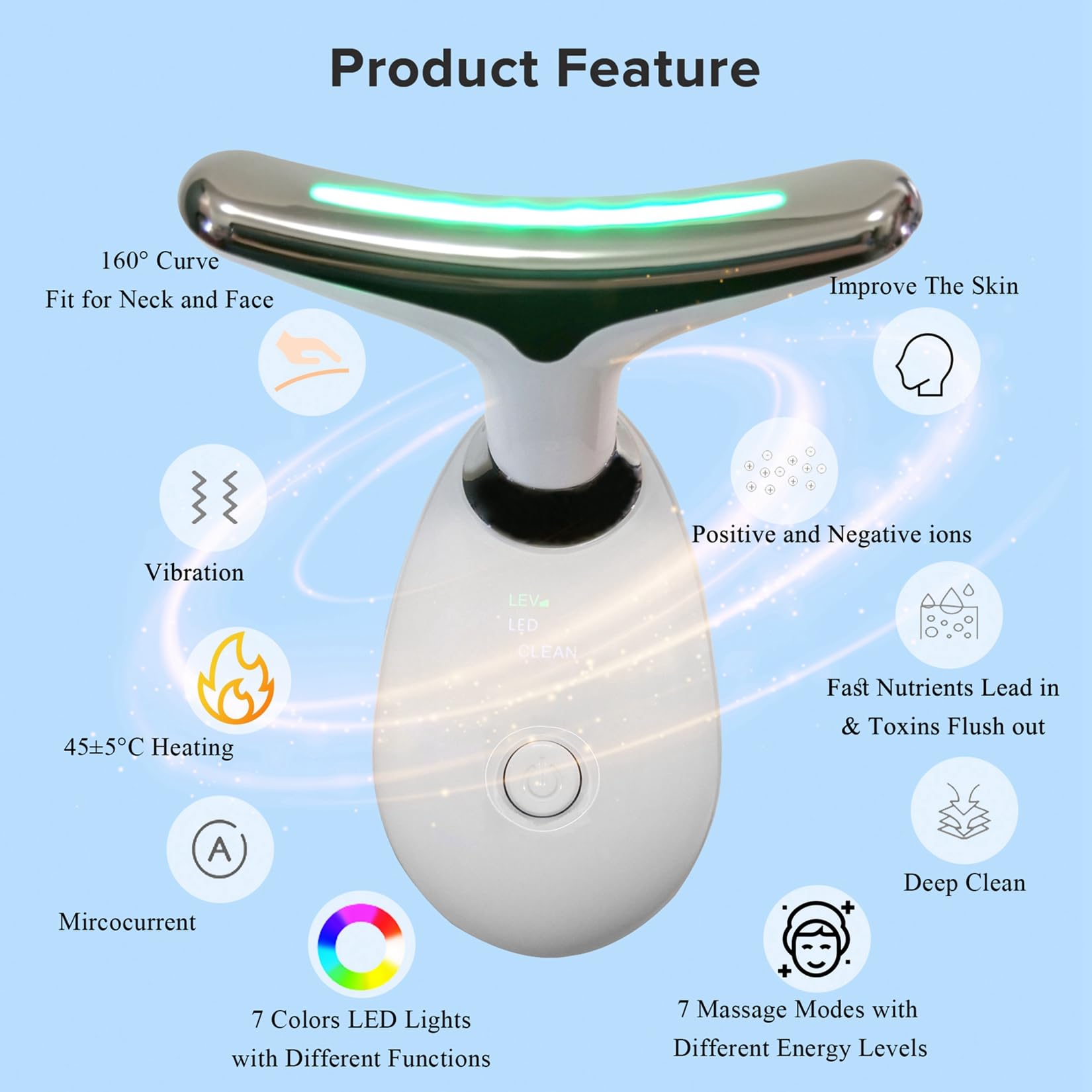 Face Neck Massager with 7-Color Light Modes for Face Sculpting Skin Care,Tightening,Smoothness - Red LED Light Therapy Device To