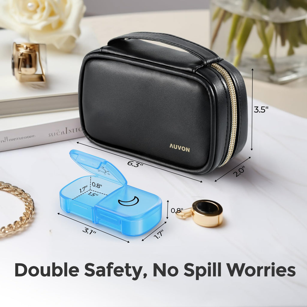 AUVON Weekly Pill Organizer 2 Times a Day with PU Leather Bag, Travel AM PM Pill Box 7 Day with One-Side Large Opening Design fo