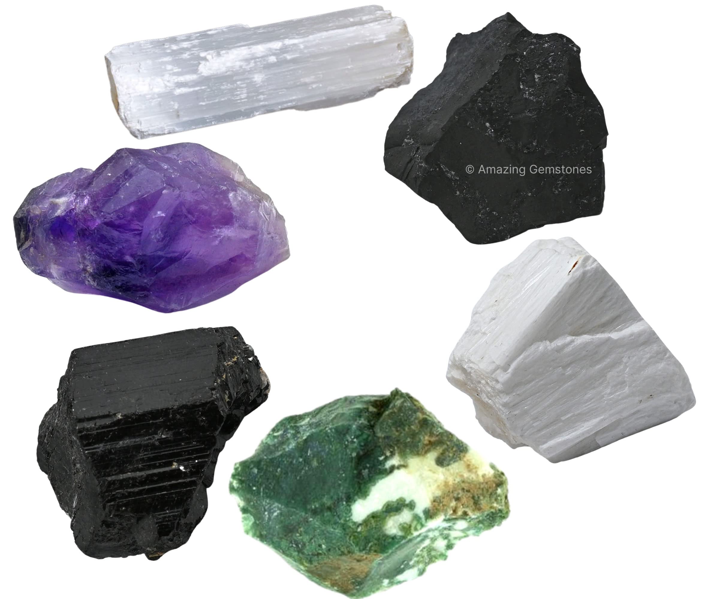 Crystals for House Protection Manifestation, Set of 6 Amethyst, Scolecite, Shungite, Black Tourmaline, Selenite and Moss Agate H