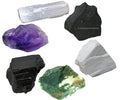 Crystals for House Protection Manifestation, Set of 6 Amethyst, Scolecite, Shungite, Black Tourmaline, Selenite and Moss Agate H