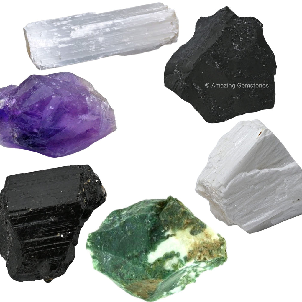 Crystals for House Protection Manifestation, Set of 6 Amethyst, Scolecite, Shungite, Black Tourmaline, Selenite and Moss Agate H