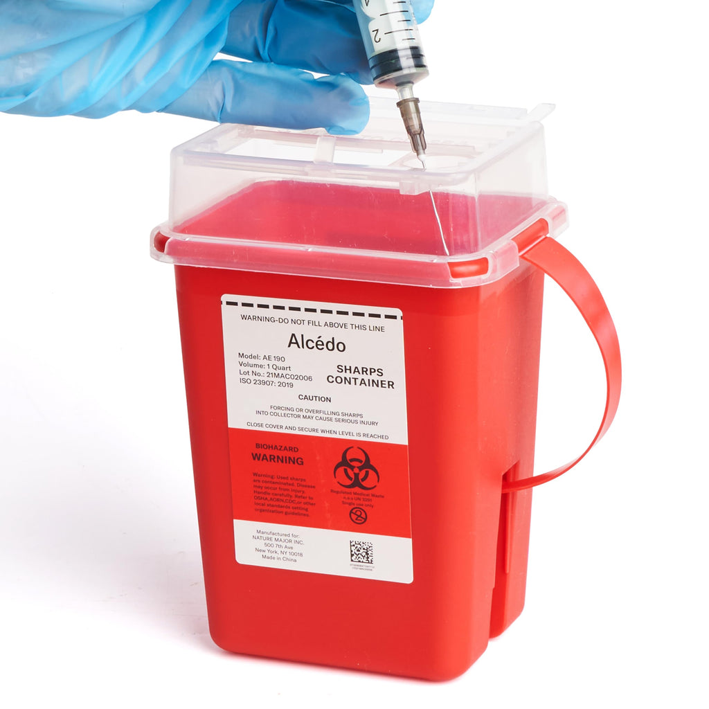 Alcedo Sharps Container for Home Use 1 Quart (1-Pack), Biohazard Needle and Syringe Disposal, Small Portable Container for Trave
