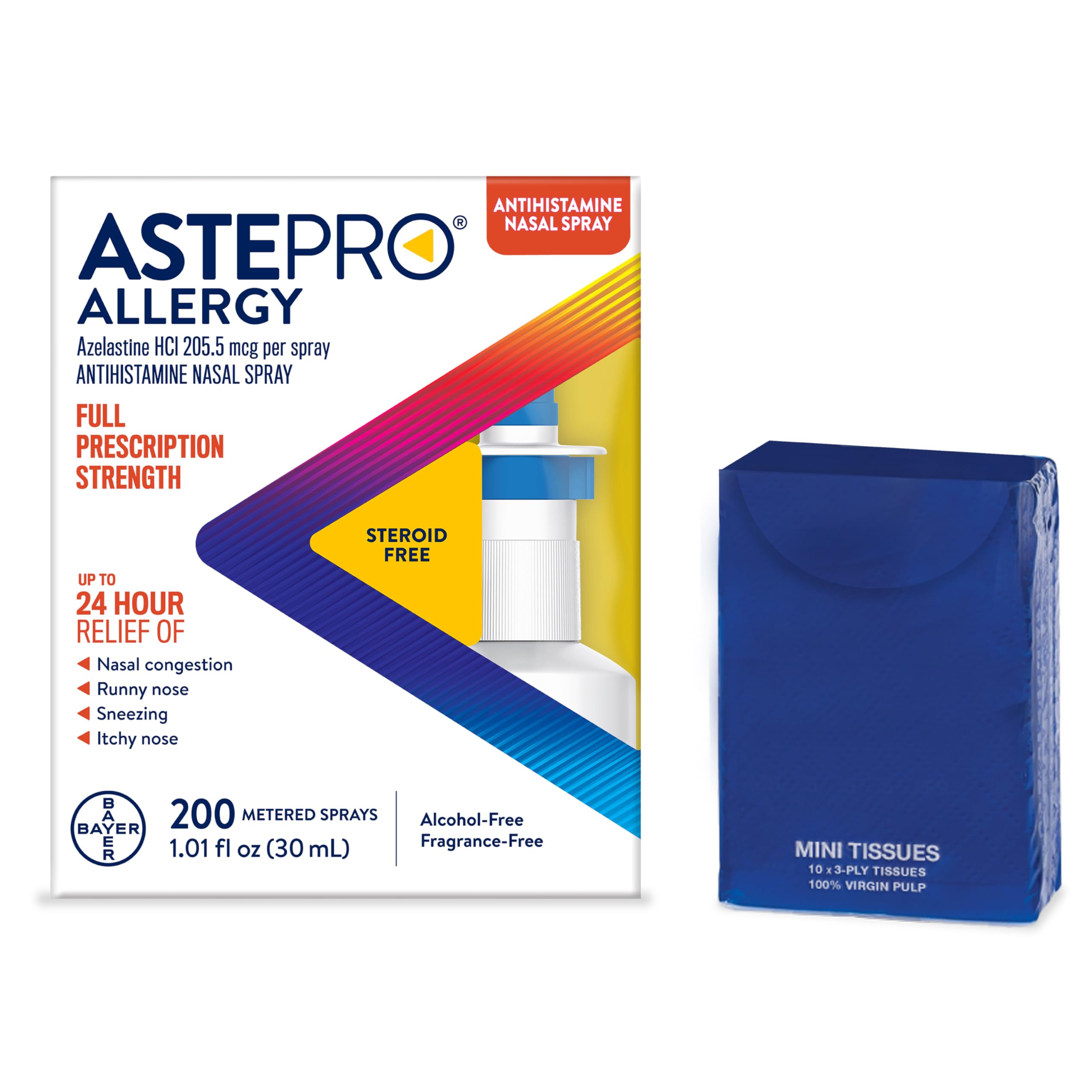 Astepro Nasal Spray and Tissue Bundle, 24-Hour Allergy Relief, Steroid-Free, Nasal Congestion, Runny & Itchy Nose, 200 Metered S