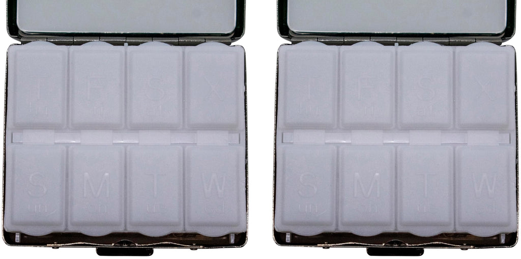Set of 2 Metal-Plated Weekly (7-Day) Pill Box Case & Portable Medicine Organizer (Gunmetal Victorian)