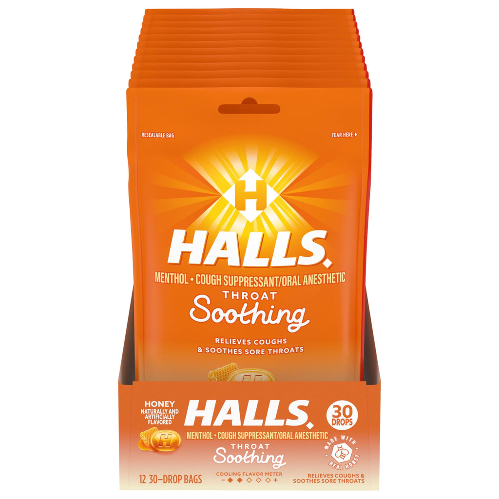 HALLS Throat Soothing Honey Cough Drops, 12 Bags of 30 Drops (360 Total Drops)