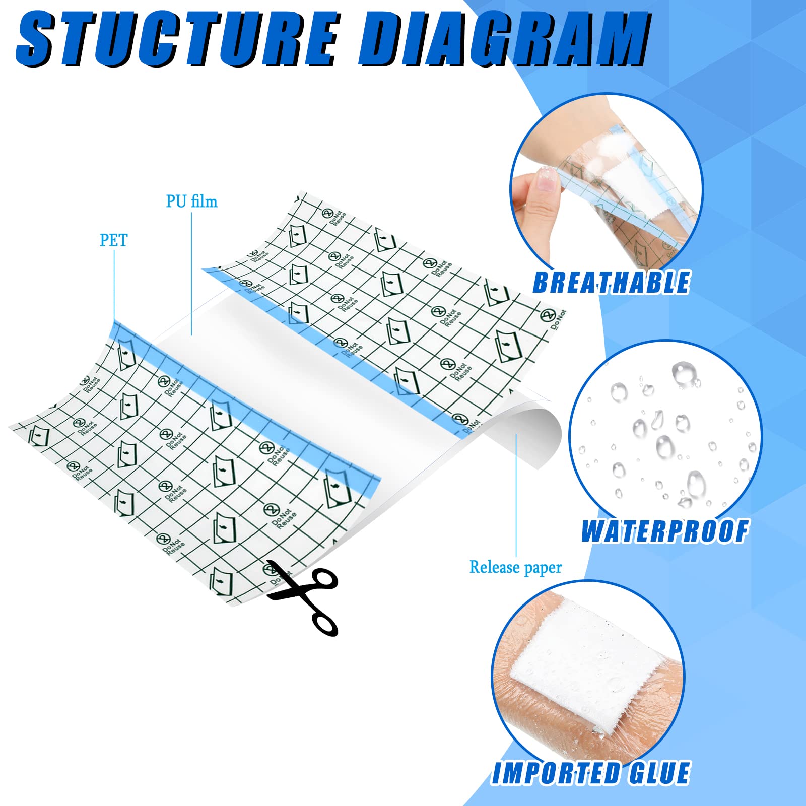 BBTO 50 Pieces Transparent Clear Adhesive Bandage Stretch Large Waterproof Film Adhesive Bandages Dressing Supplies(8 x 10 Inch)