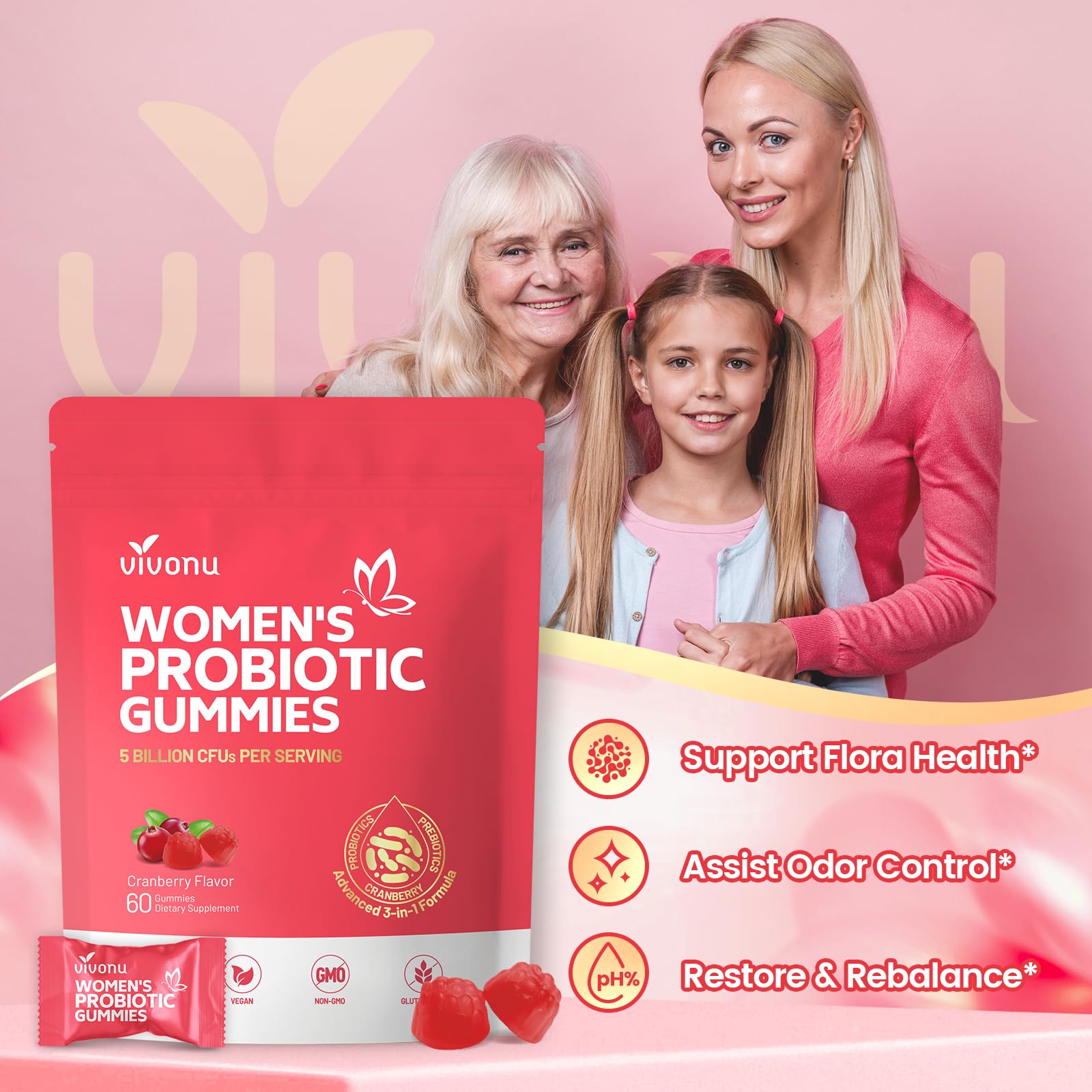 VivoNu Vaginal Probiotics for Women, Feminine Balance pH Gummies for Healthy Odor, Yeast Balance & Flora + Vitamin C for Immune
