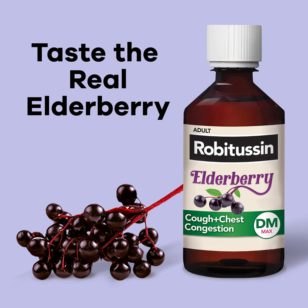 Robitussin Maximum Strength Elderberry Cough Plus Chest Congestion DM, Cough Suppressant for Adults, Providing Liquid Cough and