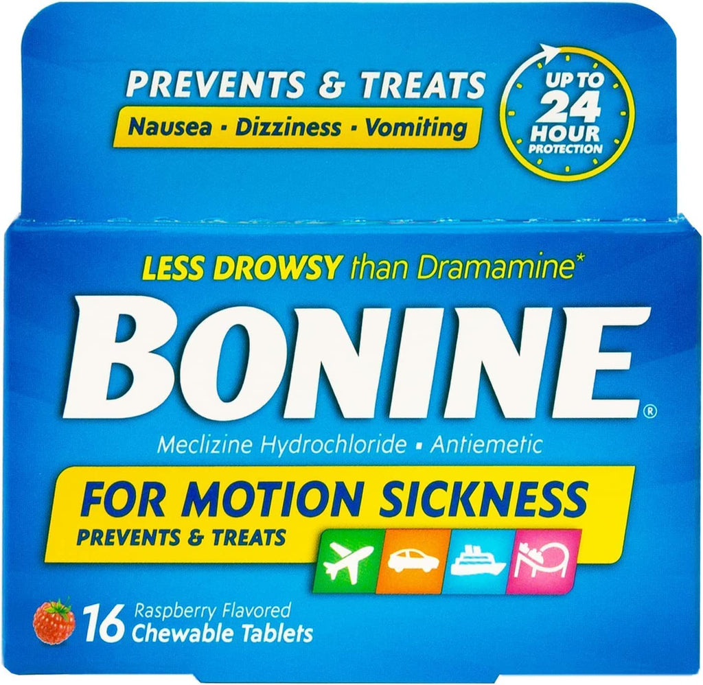 Bonine Raspberry Chewable Tablets for Motion Sickness, 16 (2 Pack), 16 Count (Pack of 2)