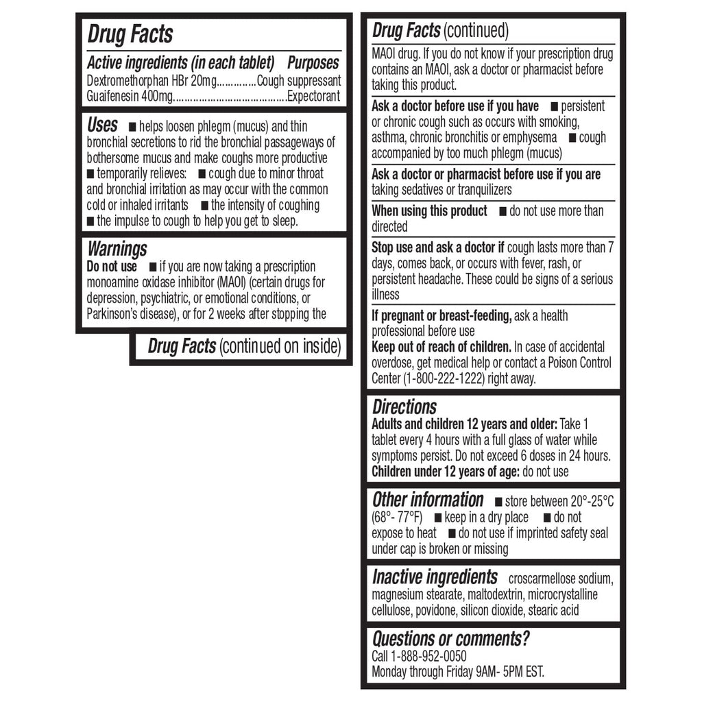 HealthA2Z Mucus Relief DM | Dextromethorphan HBr 20mg | Guaifenesin 400mg | No Benzene | Cough, Immediate Release, Uncoated (50