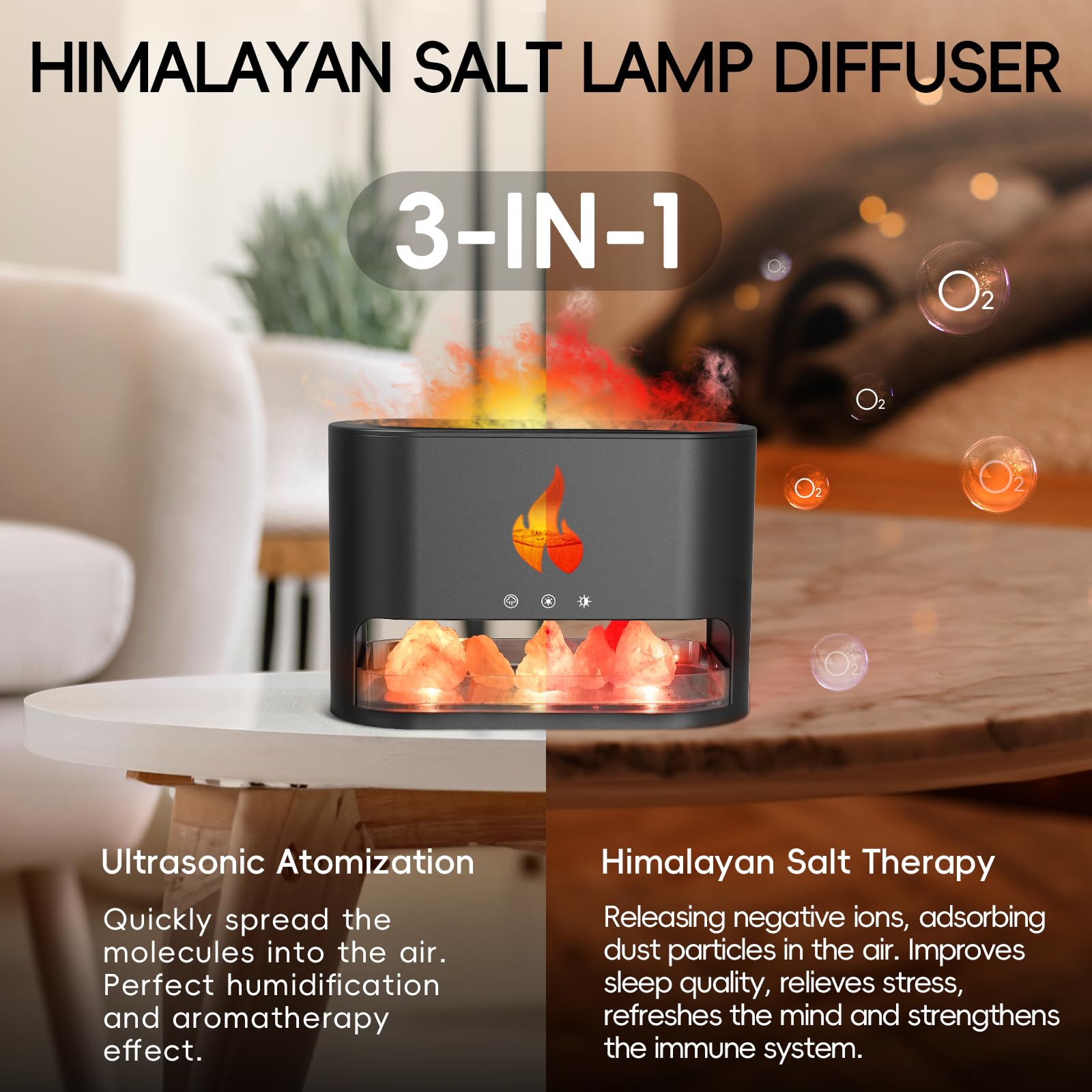 Yaledi Fireplace Flame Diffuser, Aromatherapy Essential Oil 250ml Himalayan Salt Lamp Cool Mist Ultrasonic Humidifier for Bedroo