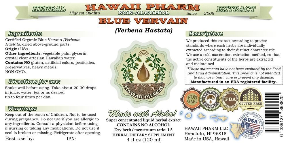 Hawaii Pharm Blue Vervain Alcohol-Free Liquid Extract, Organic Blue Vervain (Verbena Hastata) Dried Above-Ground Parts Glycerite