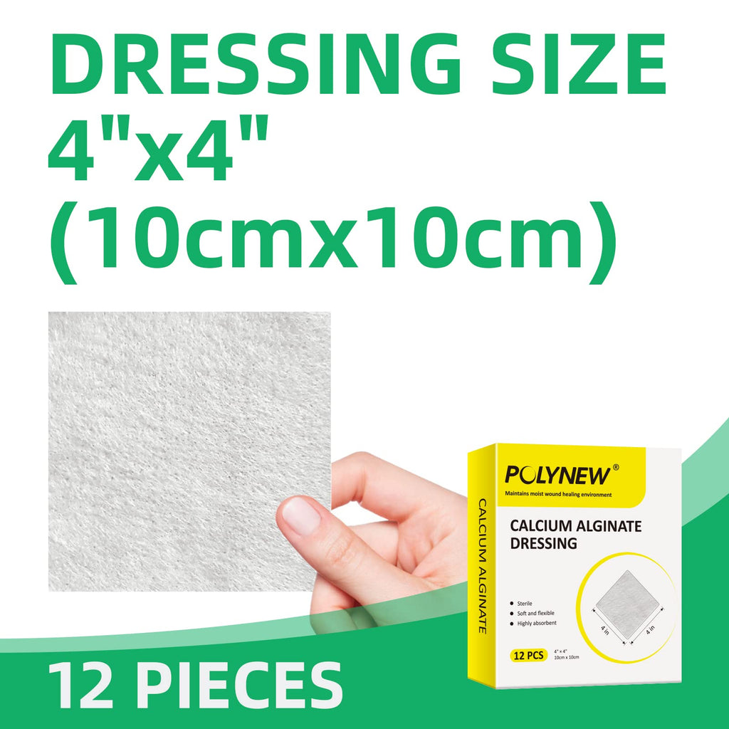 Polynew Calcium Alginate Wound Dressing, 4 x 4-12 Pcs/Box Soft and Highly Absorbent Pads, Home Health Care, Medical Supplies