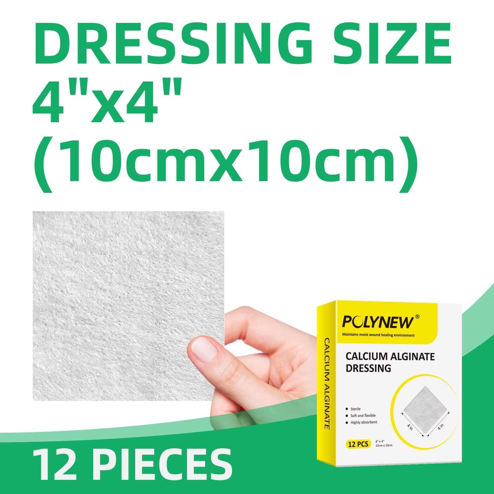 Polynew Calcium Alginate Wound Dressing, 4 x 4-12 Pcs/Box Soft and Highly Absorbent Pads, Home Health Care, Medical Supplies