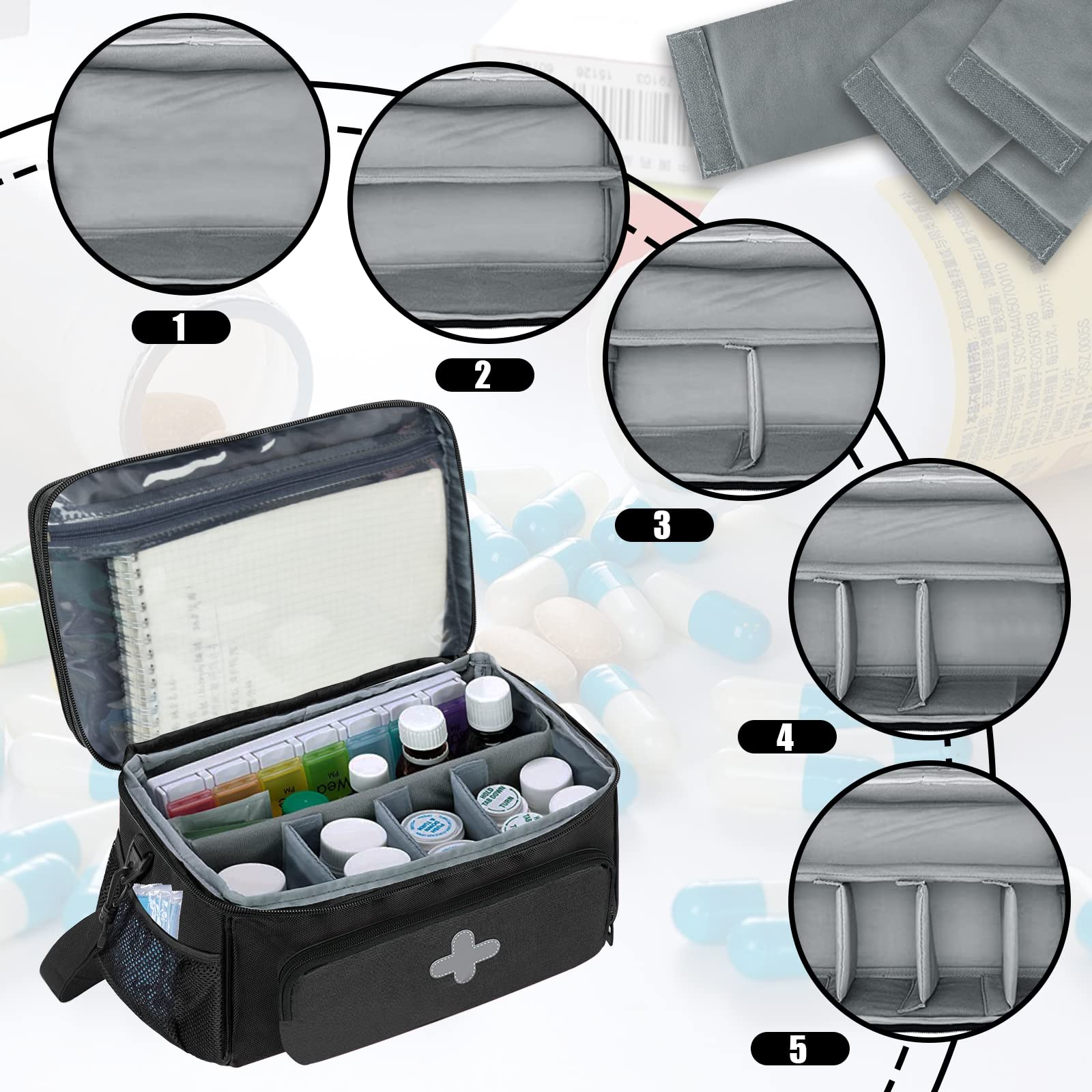 GDNasist Medicine Storage Bag, Pill Bottle Organizer for Emergency, Medicine Box Empty with Small Portable Pouch, First Aid Box