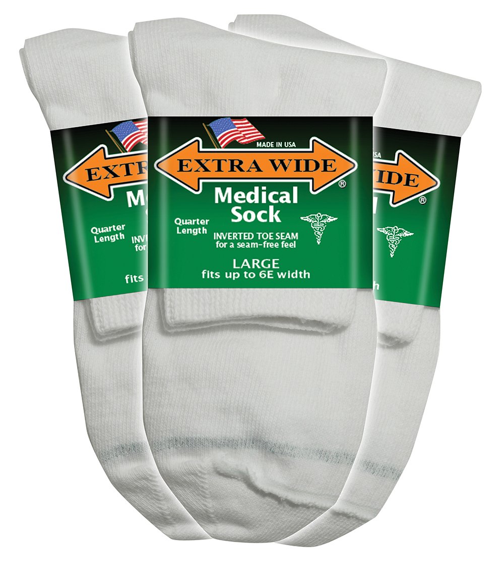 Extra Wide Medical (Diabetic) Quarter Sock (Pack of 3), Made in USA (Small, White)