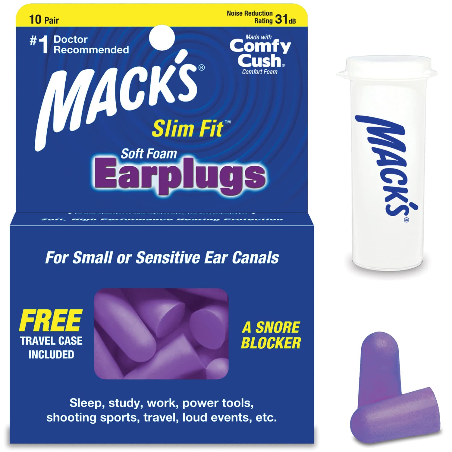 Macks Slim Fit Soft Foam Earplugs, 10 Pair - Small Ear Plugs for Sleeping, Snoring, Traveling, Concerts, Shooting Sports & Powe