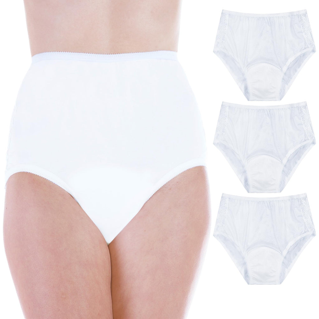3-Pack Womens White Nylon and Lace Regular Absorbency Incontinence Panties Small (Fits Hip 35-37)