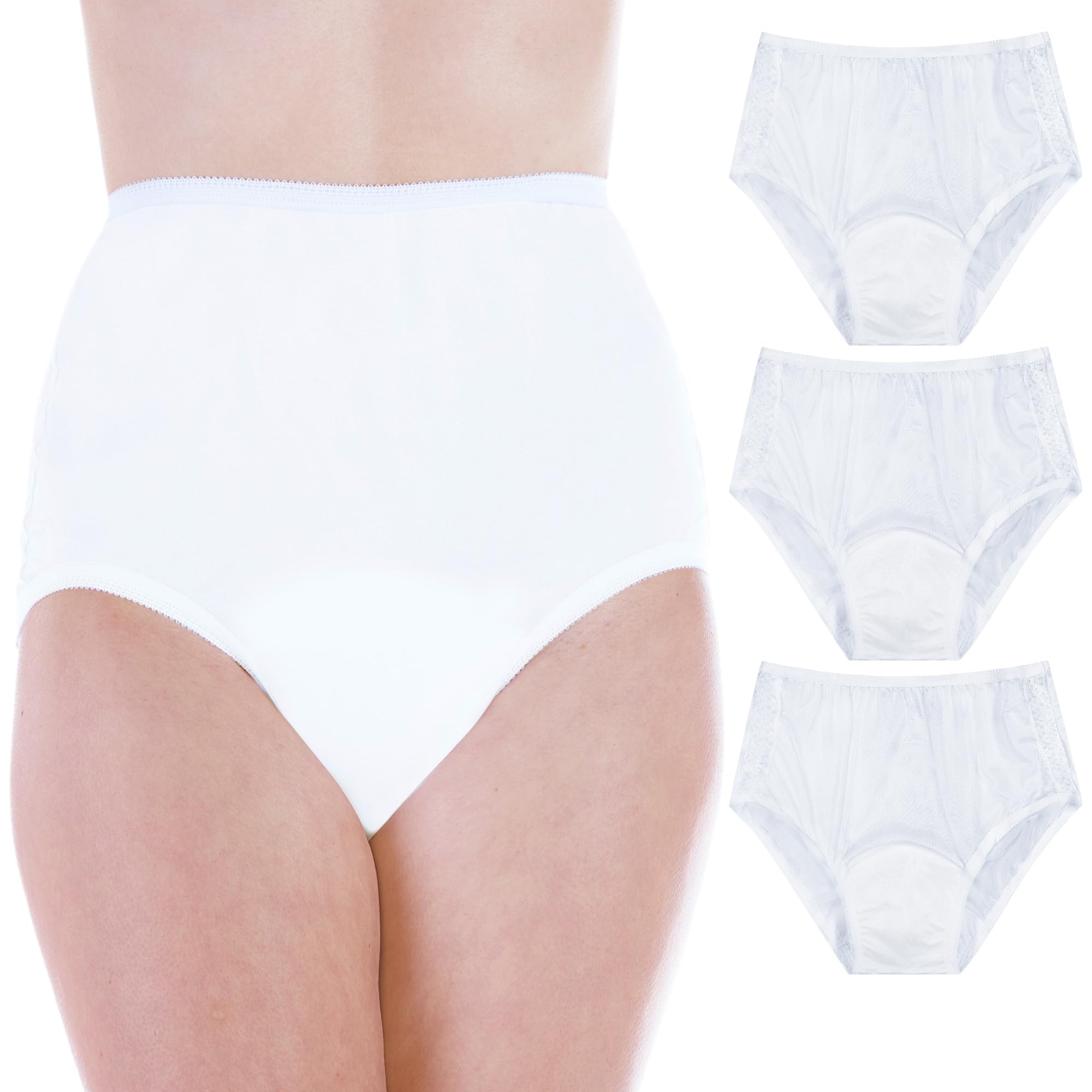 3-Pack Womens White Nylon and Lace Regular Absorbency Incontinence Panties Small (Fits Hip 35-37)