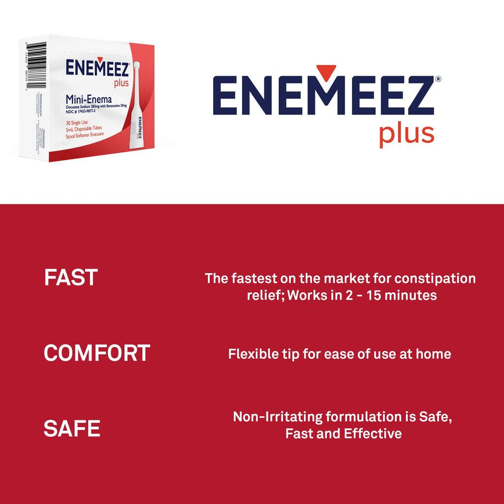 Enemeez Enema for Constipation Fast Acting Relief, 283mg Docusate Sodium, 20mg Benzocaine Enema, 30 Count, Effective for Constip