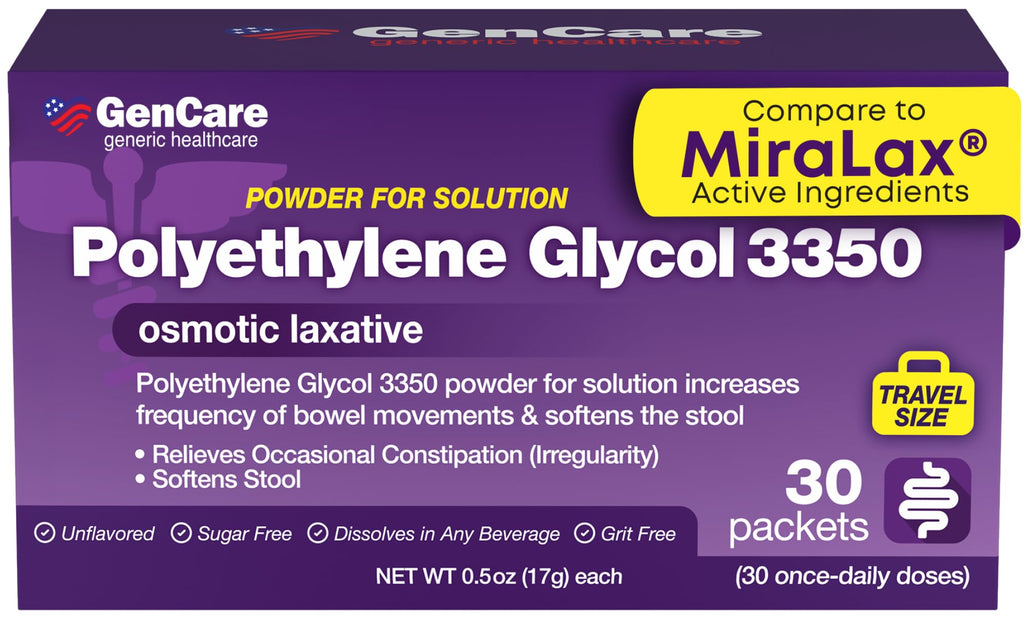 GenCare Polylethylene Glycol 3350 Powder for Solution - 30 Travel Packets - Unflavored Grit-Free Clear PEG 3350 for Occasional C
