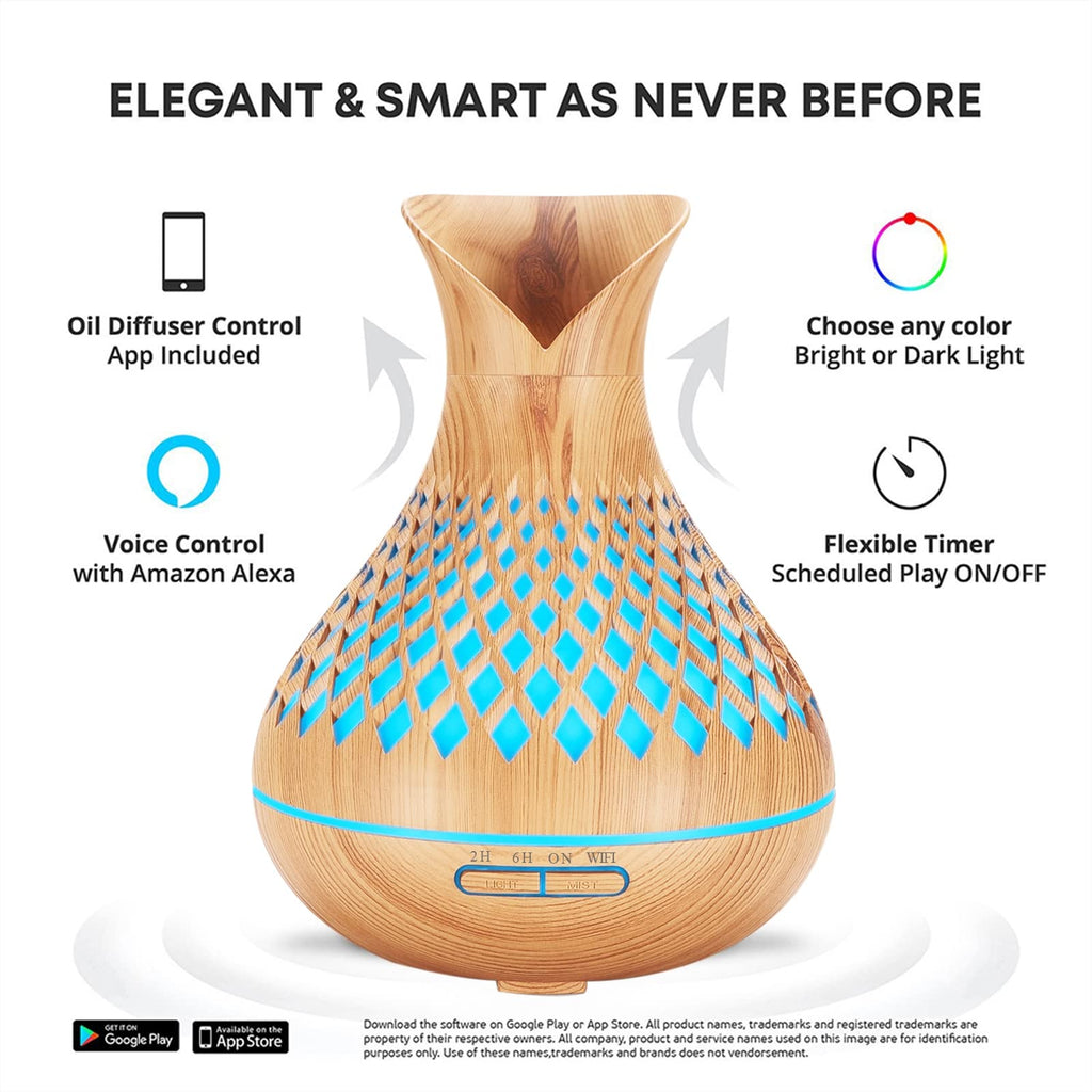 Smart WiFi Essential Oil Diffuser, 500ml Aromatherapy Diffuser Humidifier for Large Room, Works with App & Alexa Google Home Voi