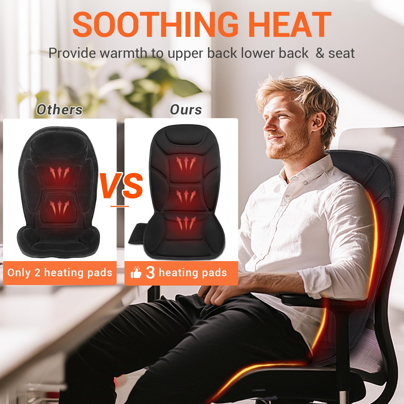 CARSHION Massage Seat Cushion with Full Back Thighs Heat Back Massager with 3 Heating Pads 6 Vibrating Motors, Massage Chair Pad