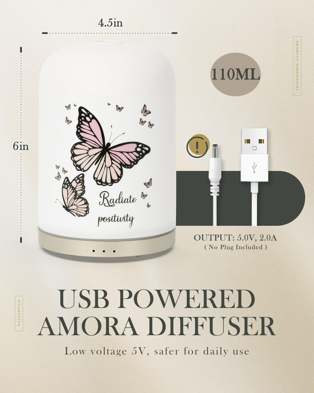 110ML Essential Oil Diffuser, Ceramic Diffusers for Essential Oils Large Room, Fragrance Aroma Diffuser with USB Cable, Warm Nig