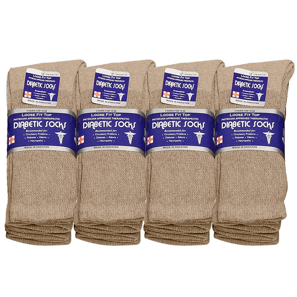 Falari Physicians Approved Diabetic Socks Crew Unisex 3, 6 or 12-Pack (10-13, 12 Pairs Khaki)
