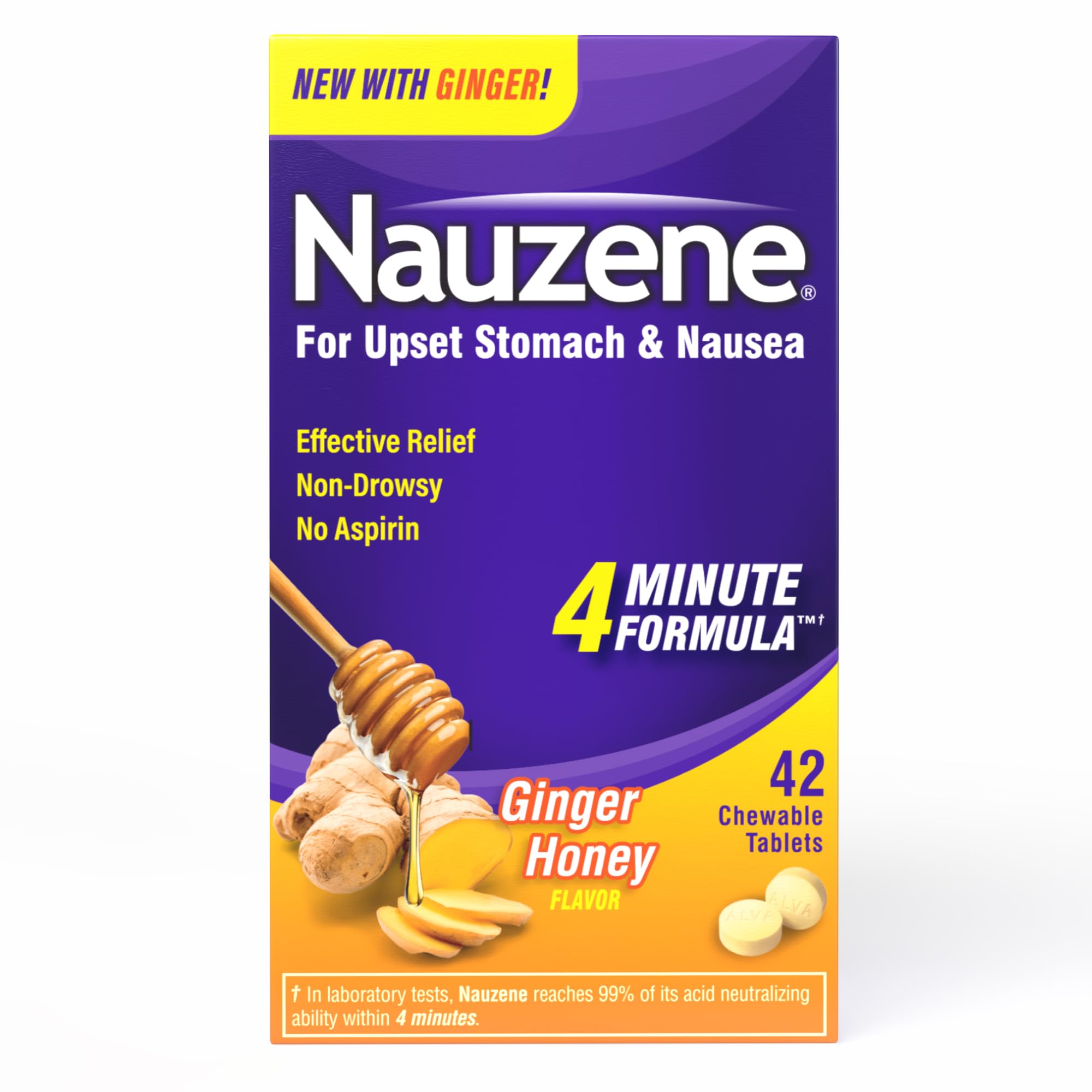 Nauzene Upset Stomach & Nausea Relief with Ginger | 4-Minute Formula | Non-Drowsy | Ginger Honey Flavor | 42 Count