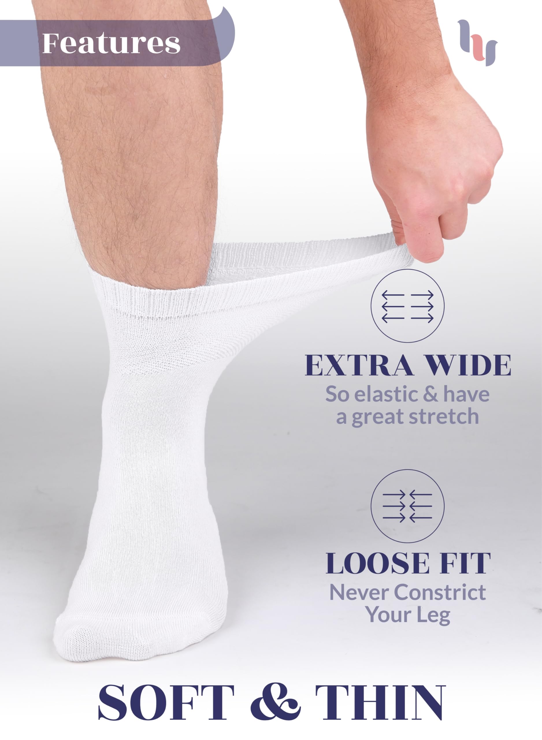 Hugh Ugoli Men's Loose Diabetic Ankle Socks Bamboo, Wide, Thin, Seamless Toe and Non-Binding Top, 4 Pairs, White, Shoe Size: 8-1