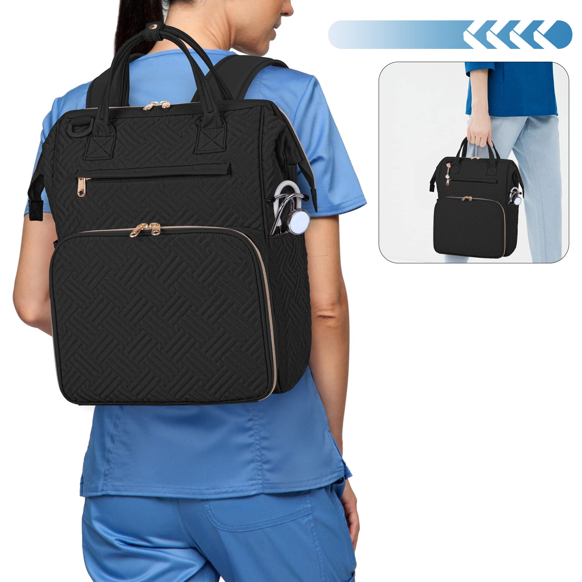 Fasrom Nurse Backpack for Work Women, Nursing Tote Bag with Laptop Compartment for Nursing Work and Home Health Care, Black (Emp