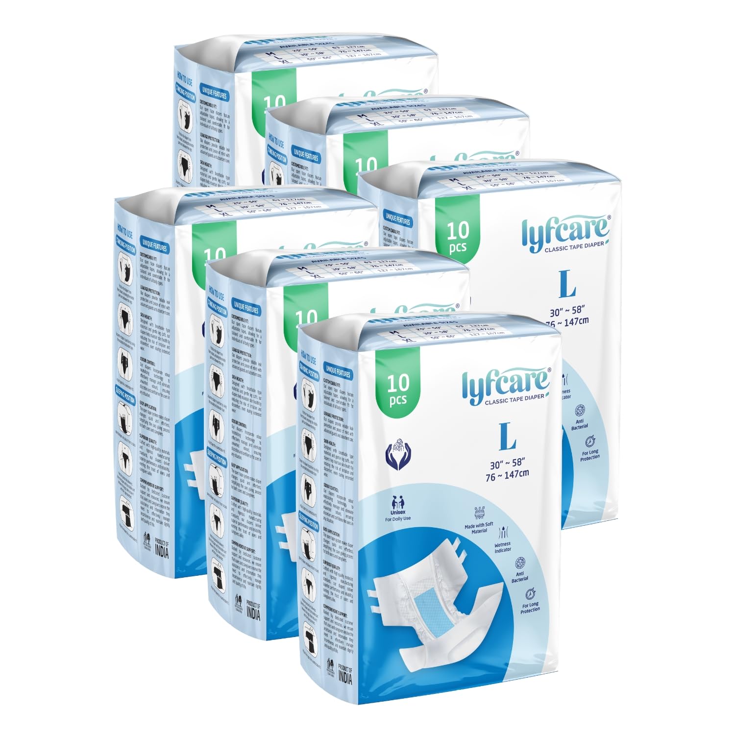 Lyfcare Open Tape Adult Diaper Large Size (L)  60 Units (Pack Of 6) | Unisex Diapers Open Tape | Waist (76147 Cm) | Wetness In