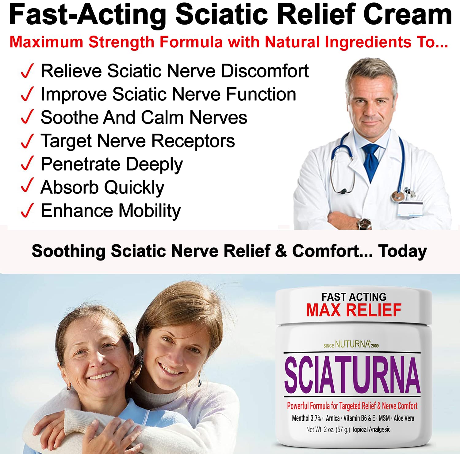Sciatica Nerve Cream - Maximum Strength Comfort Cream for Feet, Hands, Legs, Toes, Back - Natural Ultra Strength Arnica, MSM, Me