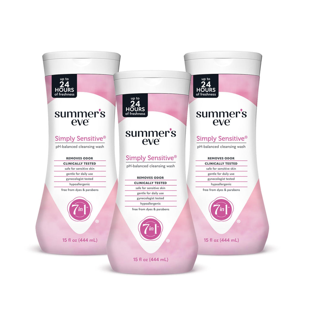 Summer's Eve Simply Sensitive Daily Gentle All Over Feminine Body Wash, Removes Odor, Feminine Wash pH Balanced, 15 fl oz, 3 Pac