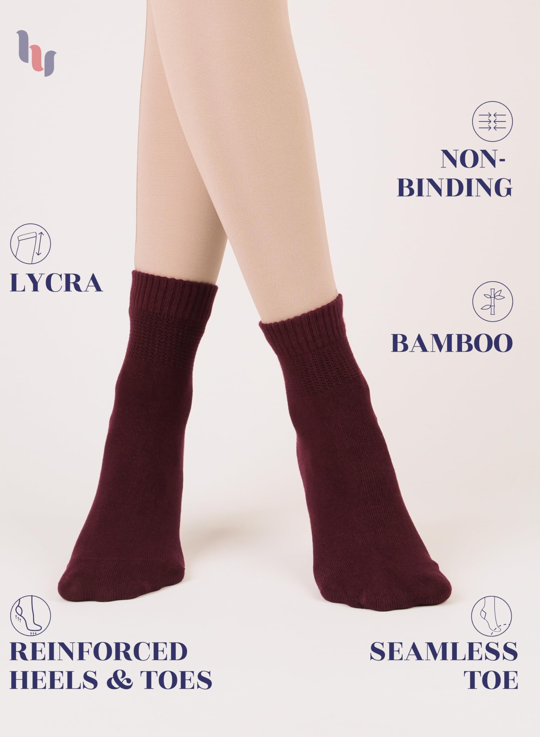Hugh Ugoli Women Diabetic Ankle Socks, Super Soft & Thin Bamboo Socks, Wide & Loose, Non-Binding Top & Seamless Toe, 4 Pairs, Bu