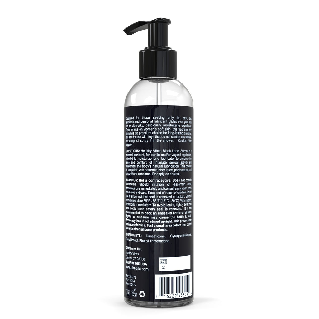 Healthy Vibes Black Label Silicone Personal Lubricant, 8 oz - Long Lasting, Easy to Clean, Water Resistant, Safe for Most Skin Types, Clear