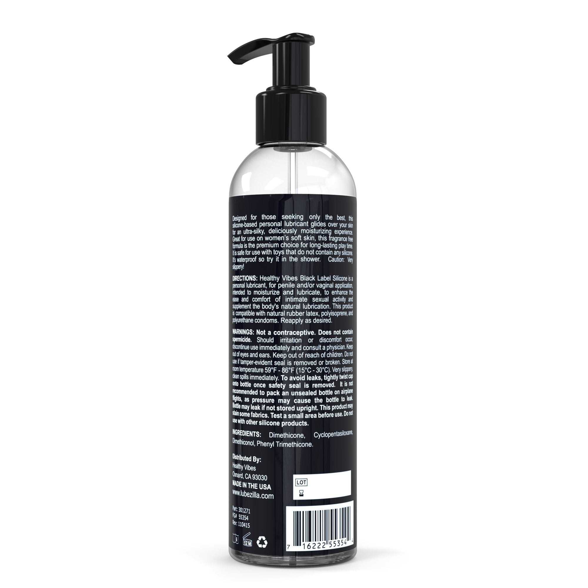 Healthy Vibes Black Label Silicone Personal Lubricant, 8 oz - Long Lasting, Easy to Clean, Water Resistant, Safe for Most Skin Types, Clear