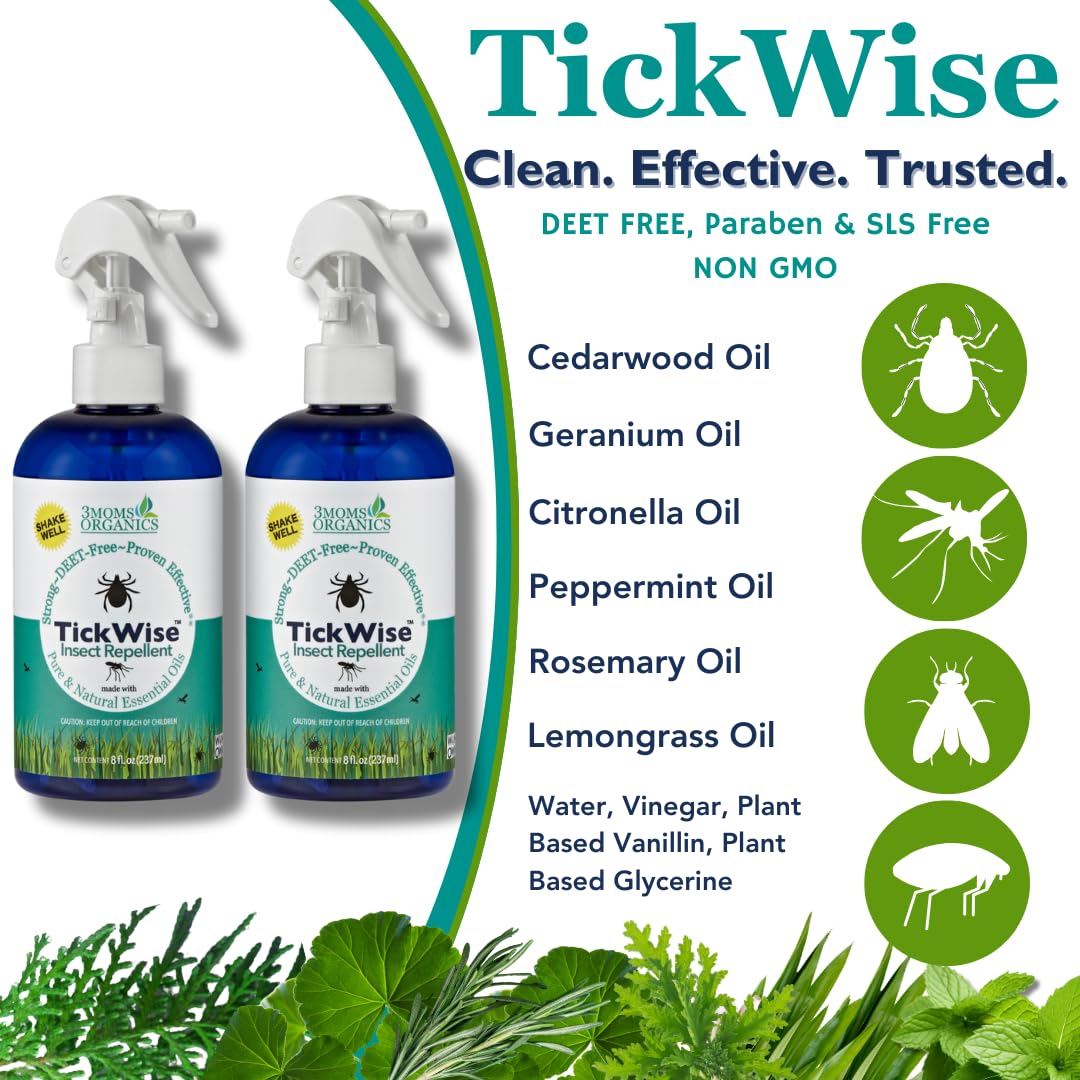 3 Moms Organics, TickWise 8oz Extra Strength Double Whammy 2-Pack - DEET- Free, Tick and Insect Repellent, Plant Based Essential
