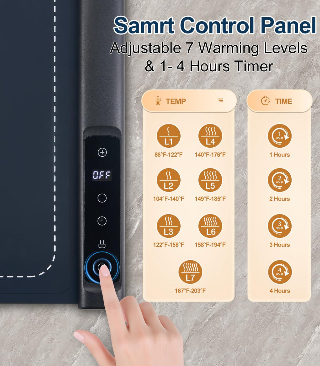 Food Warming Mat - 42 x 16 Extra Long Fast Heat Up Food Warmer with 7 Level Temp & 4 Hour Timer Function, Portable & Rollable Wa