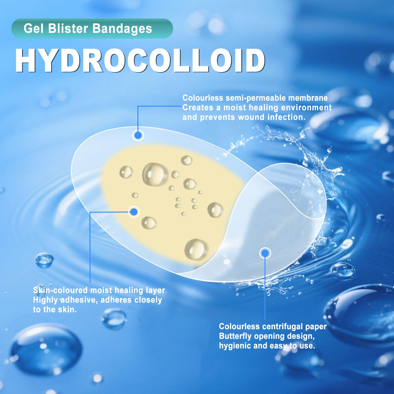 Arme Hydrocolloid Bandages, 50Pcs Gel Blister Bandages for Feet, Waterproof Blister Pads Blister Cushions for Prevention & Recov