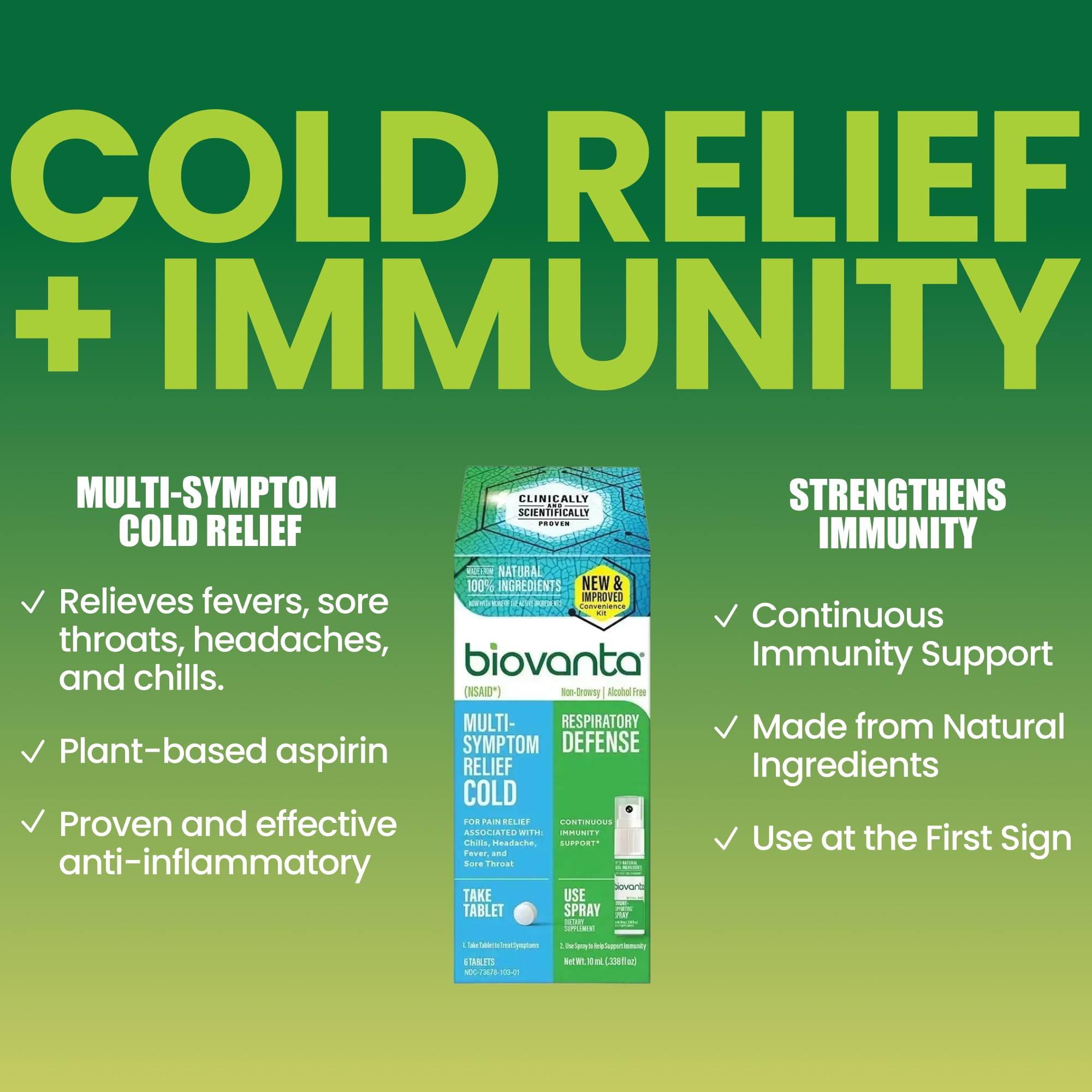 Biovanta Cold and Flu Relief Kit Plus Immune Support, Soothing Throat Spray, 10mL, 6 Plant-Based Aspirin Tablets, Multi-Symptom